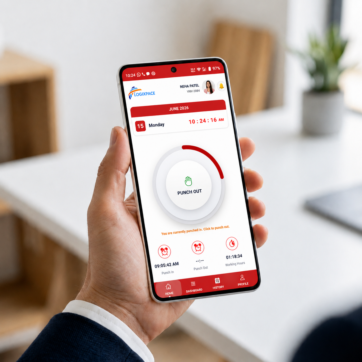 StaffTrakr mobile app showing punch and attendance dashboard