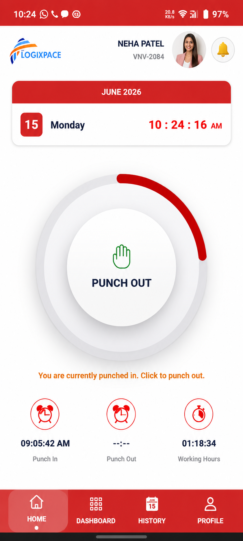 StaffTrakr home screen with punch button